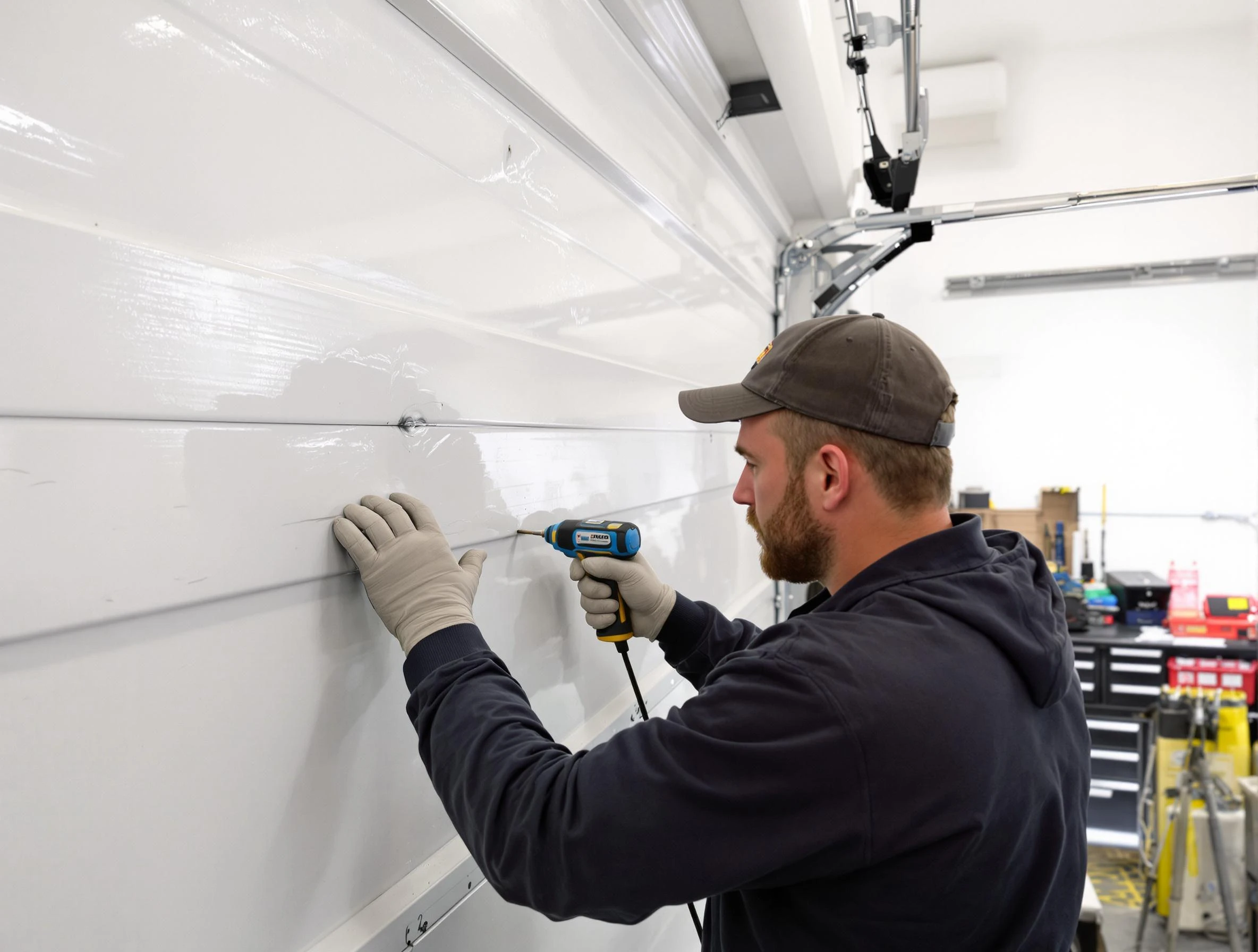 Saugus Garage Door Repair technician demonstrating precision dent removal techniques on a Saugus garage door